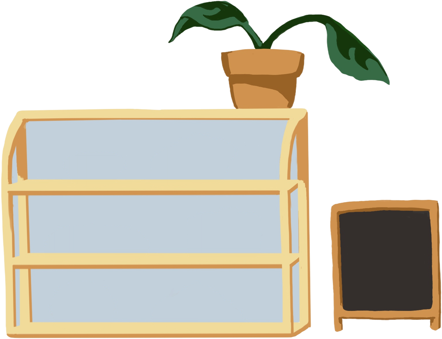 A bakery display case filled with pastries, a potted plant, and a chalkboard sign